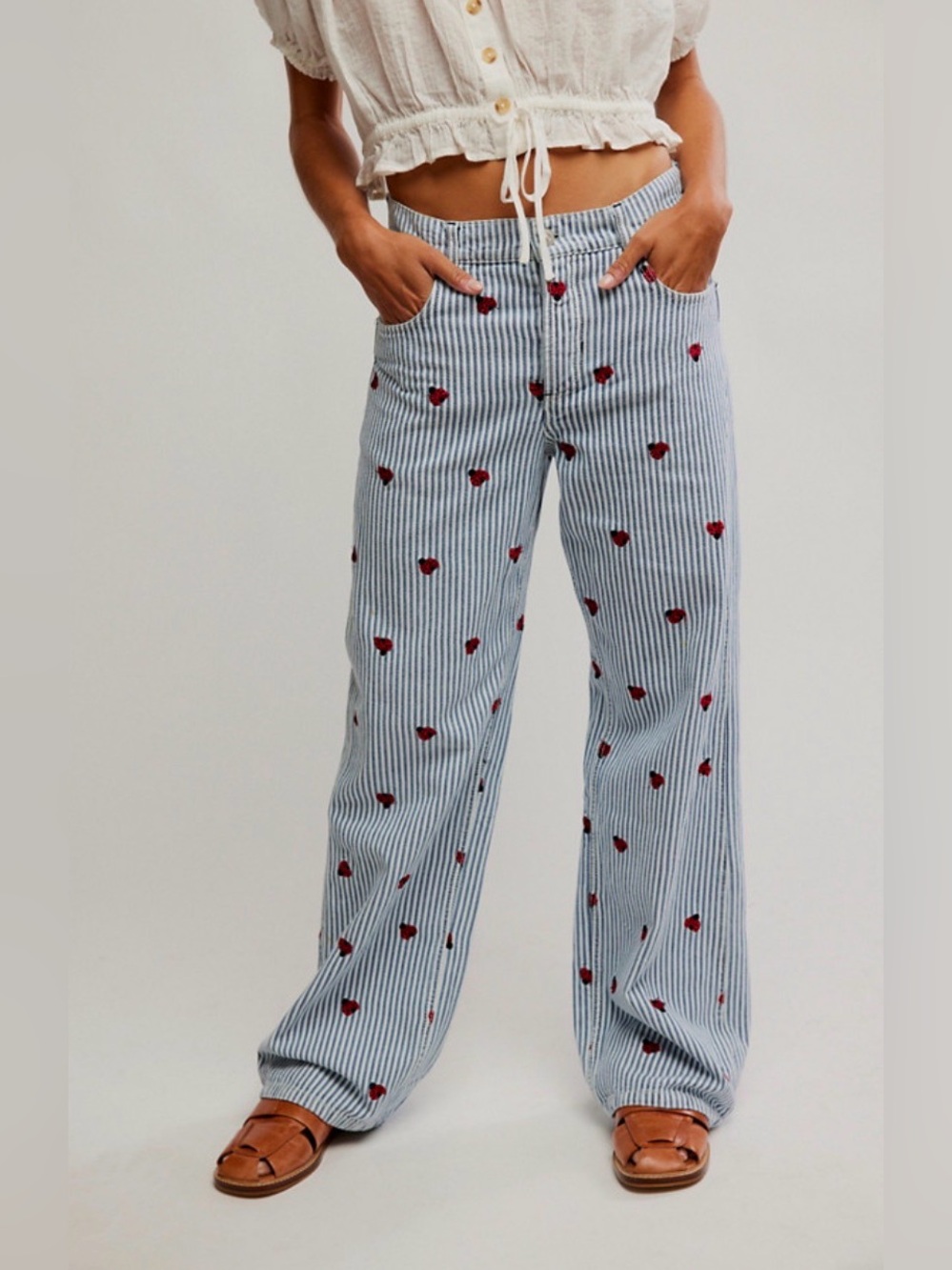 We The Free Free People Bugged out Striped Wide-Leg Jeans with Lady Bug details - Picture 11 of 12
